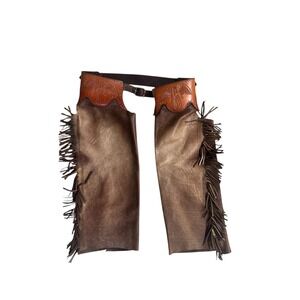 Custom‎ Brown Leather Motorcycle Chaps Angel Wing Tooling Fringe Linda 52 Belt
